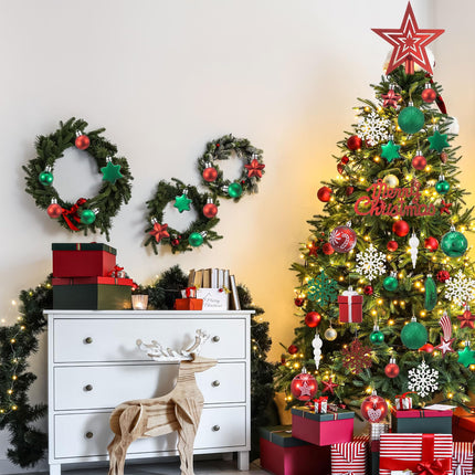 73 Pcs Christmas Tree Decorations Set Christmas Tree Pickle Ornaments Xmas Tree Topper Hanging Ball Snowflake Ornaments for Christmas Holiday Party(Stylish,Red, Green)