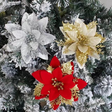15pcs Christmas Silvery Poinsettia Flowers Artificial with Clips and Stems Christmas Tree Ornaments Glitter Poinsettia Christmas Decorations for Xmas Wreath Holiday Party Décor