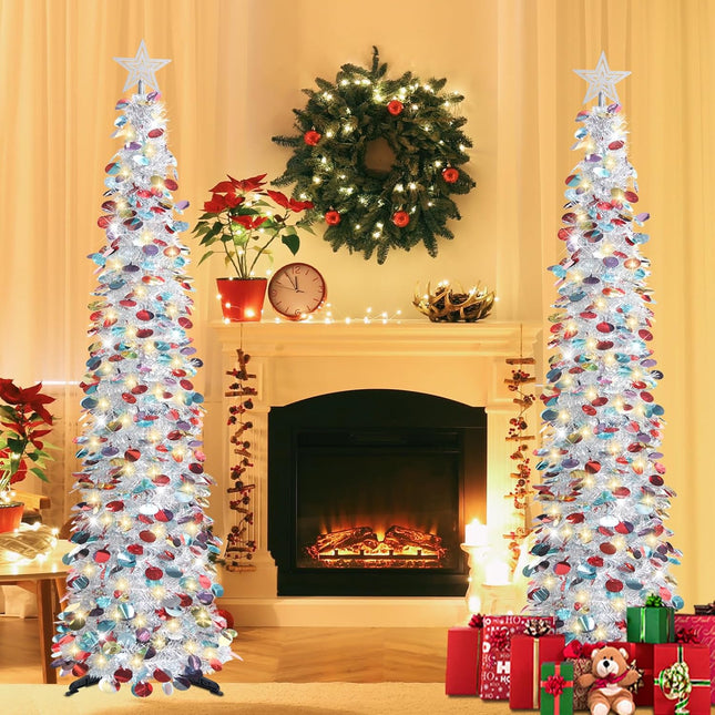 6 FT Pop Up Christmas Tree with 100 LED Timer Lights, Silver Colored Tinsel Christmas Tree, Collapsible Artificial Pencil Christmas Tree Pull Up Tree Holiday Decor for Home, Office, Party