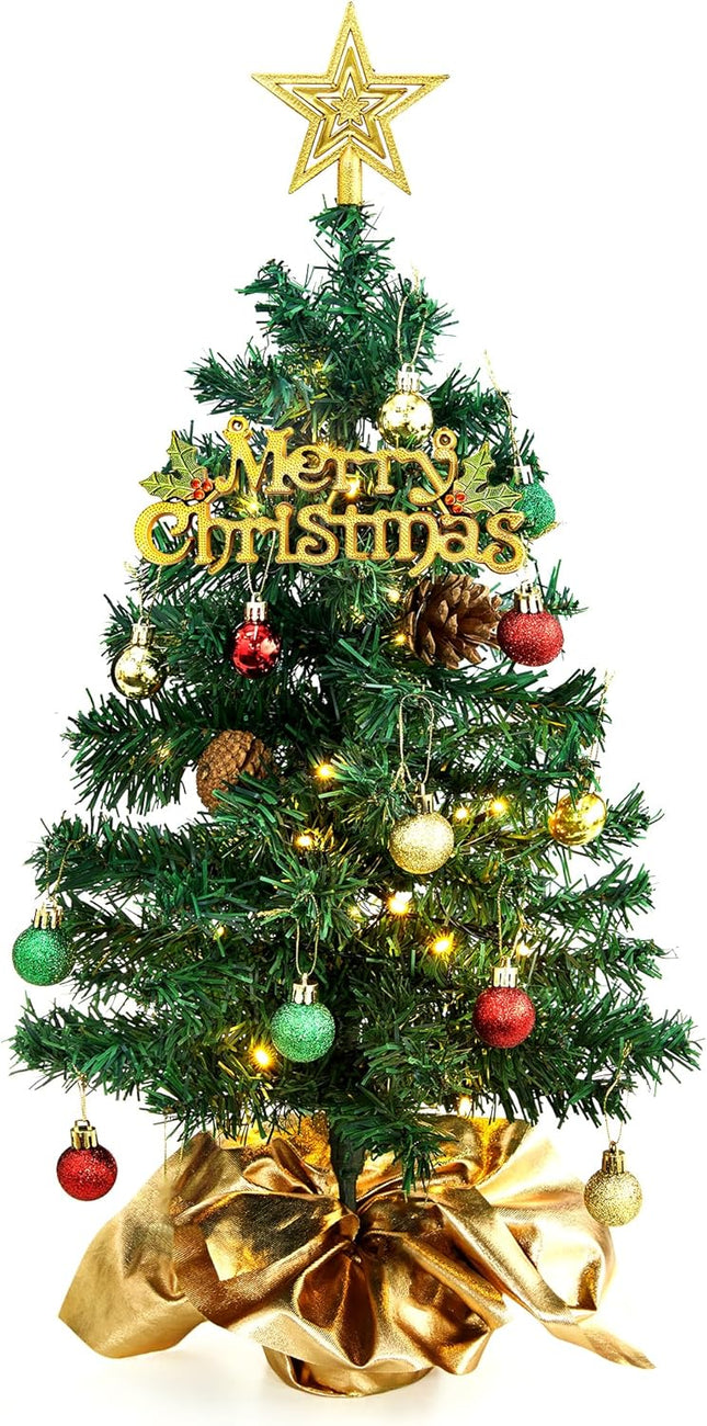 24Inch Small Christmas Tree with Lights, Tabletop Mini Christmas Tree Prelit for Office Table Decor, Small Xmas Tree with 50 Warm LED Lights (Gree)