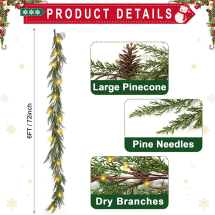 6 Ft Realistic Garland Christmas Decorations with Lights, Prelit Christmas Tree Garland with Pine Cones,Lighted Christmas Garland, Christmas Garland for Mantle, Prelit Garland Thanksgiving Indoor
