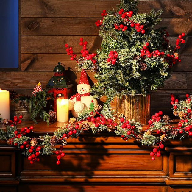 Riceshoot 2 Pcs Christmas Garlands Total 19.68 ft, Smokey Pine Garland with Red Berry Pine Cone, Christmas Greenery Garland for Xmas Home Indoor Party Outdoor Staircase Railing Banister