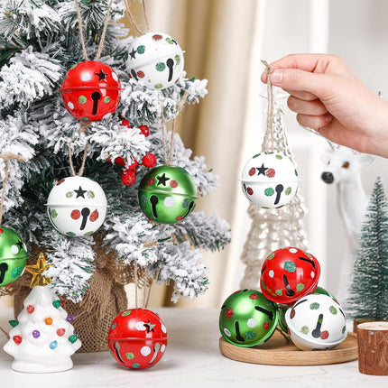 12 Pcs Large Christmas Jingle Bells with Ribbon 2.4 Inch Metal Cutout Craft Bells Lime Green Glitter Dot Red Green Christmas Tree Ornaments Xmas Hanging Decor for Holiday Wreath Garland DIY Decor