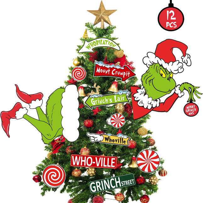 12 PCS Christmas Tree Topper,Funny Christmas Tree Ornaments Head/Legs/Signs,Christmas Decorations for Tree Home