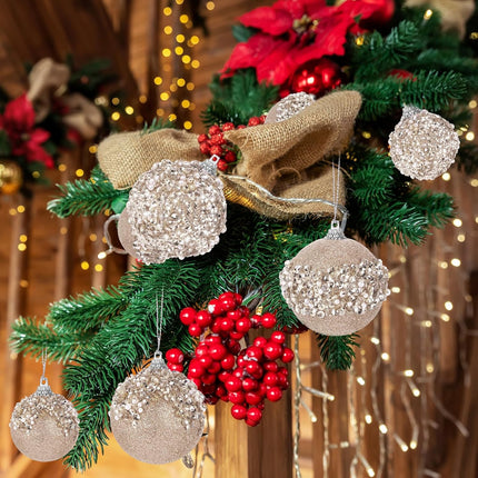 Poen 24 Pcs Glitter Christmas Ball Ornaments Set Christmas Tree Ornaments Hanging Sequin Foam Christmas Balls Decoration for Xmas Tree Wreath Garland Christmas Home Decor Wedding Party (Champagne)