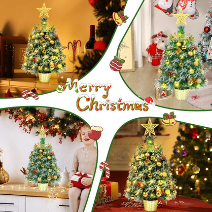 Small Prelit Christmas Tree, 20" Tabletop Mini Xmas Trees, Snow Flocked Battery Operated Tiny Artificial Trees with Lights, Balls Ornaments, Lighted Xmas Decorations for Table Centerpiece