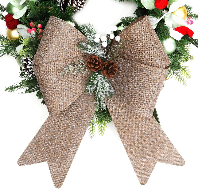 LaRibbons Christmas Bows for Wreaths,18 x 13 Inch Large Plastic Burlap Christmas Bows with Pine Cone for Tree, Indoor Outdoor Decoration