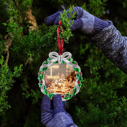 Christmas Tree Ornament Picture Frame Metal Hanging Pendant Holiday 2.5" Photo Frame Charm Decorative of Pets, Baby First Christmas, Family ( Christmas Wreath)