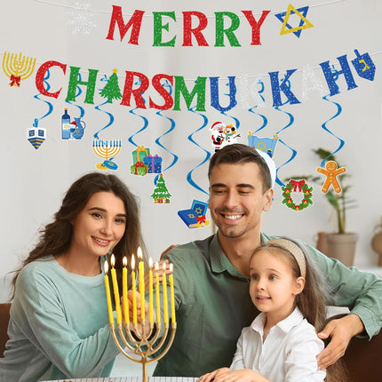 Merry Chrismukkah Party Decorations - 12 Pcs Christmas Hanukkah Mixed Banner Decorations Chanukah Dreidel Xmas Garland Ceiling Decor Christmas Hanukkah Decor for Home Holiday Party Supplies