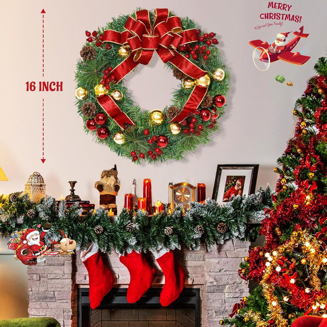 Christmas Decorations - Christmas Wreaths for Front Door with Bow, 16" Christmas Wreath with Christmas Balls Berries Pine Cones for Xmas Decorations, Christmas Wreath for Home Wall Outdoor Decor