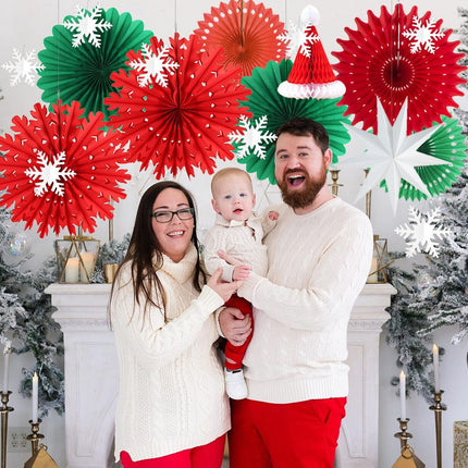 Christmas Party Decorations Red and Green Hanging Paper Fans Glitter Silver Snowflake Ornaments Nine-pointed Paper Star Lantern for Winter Christmas Birthday Wedding Year Party Decoration