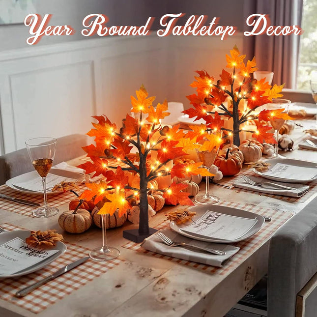 Remon 2Pack Artificial Fall Lighted Maple Tree - 1.5FT 36 LED Thanksgiving Decor Lights, Battery Operated Tabletop Lamp with 6 Acorns, 6-Hours Timer, for Wedding Party Indoor Outdoor Autumn Decor…