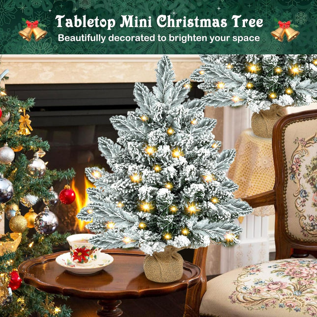 Small Christmas Tree, 20 inch Artificial Mini Christmas Tree with Lights, Snow Flocked Xmas Tree with Burlap Base, Table Top Desktop Christmas Tree for Home Office Christmas Holiday Decorations,Silver