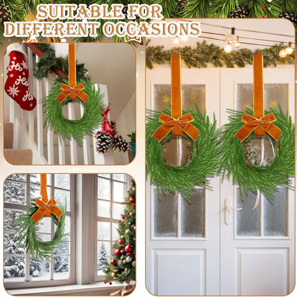 Dingion 8 Pcs Christmas Norfolk Pine Wreath Decoration Mini Christmas Kitchen Cabinet Wreaths with Brown Bow Ribbon Small Farmhouse Wreath Artificial Hanging Garlands for Xmas Porch Wall Window Decor