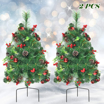 24 Inch Pathway Christmas Tree Set of 2, Battery-Powered Mini Christmas Tree w/ 30 LED Lights, 8 Flashing Modes, Berries, Pine Cones & Ornaments, Pre-lit Xmas Tree for Lawn, Yard
