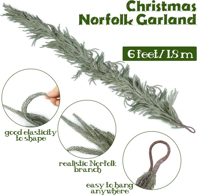 1 Pack Christmas Norfolk Garlands Set 6 Feet Artificial Winter Pine Garland Light String Faux Greenery Garland Green and White Pine Garland for Xmas Holiday Home Indoor Decor
