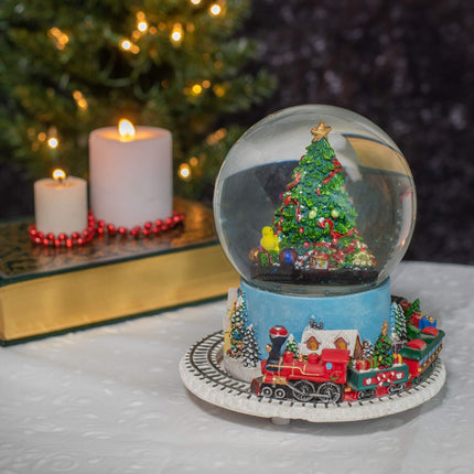 Elanze Designs Christmas Tree Village Sturdy Musical Glitter Water Snow Globe Tabletop Figurine Decoration and Moving Train - Plays Tune We Wish You A Merry Christmas