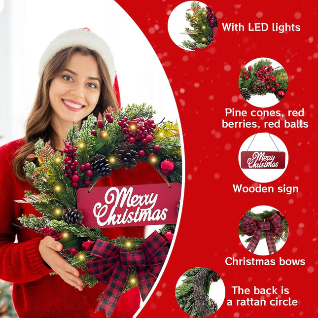 Christmas Wreaths for Front Door: Pre-lit Artificial Christmas Wreath with Lights & Welcome Sign, Lighted Christmas Decorations with Pine Cones/Berries/Bows Holiday Decor for Indoor Outdoor (20 Inch)