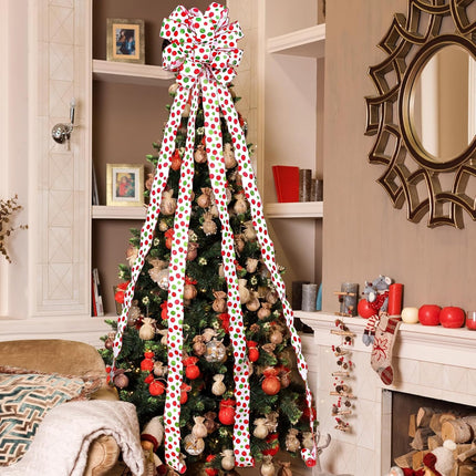 Redbaker 9 ft Christmas Tree Topper Bow Wreath Christmas Elf Topper Bows Lime Green Red White Tree Topper Bows Glitter Christmas Whimsical Wreath for Tree Indoor Outdoor Christmas Decoration(White)