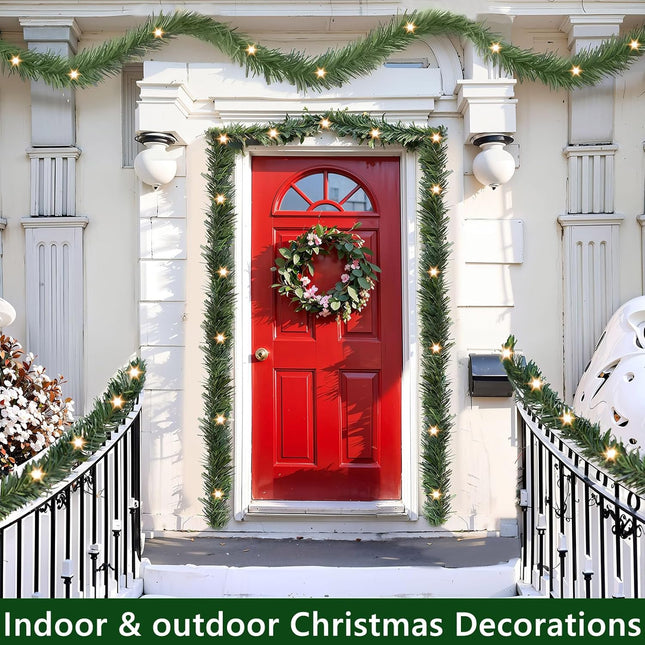 17.7FT Lighted Garland Christmas Decoration, Pre-lit Artificial Indoor Outdoor Christmas Garland for Stairs Railing, Green Holiday Decor for Home Garden.
