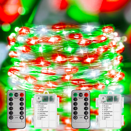 Christmas Lights Red White Green String Lights, 2 Pack 100LED Copper Lights Battery Operated Remote Control Fairy Lights for Xmas Tree, Party, Home, Indoor Outdoor Decor