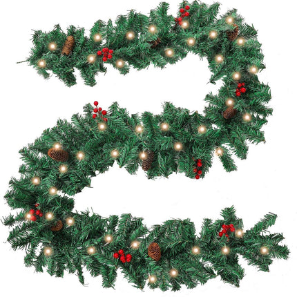 Pre-lit 9 ft Christmas Garland with Red Berries and Pine Cones, 50 Waterproof LED Lights (1)
