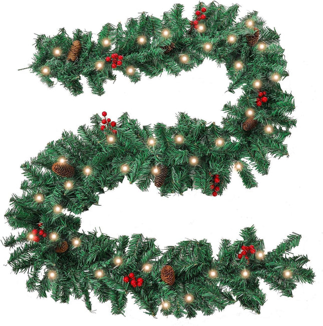 Pre-lit 9 ft Christmas Garland with Red Berries and Pine Cones, 50 Waterproof LED Lights (1)