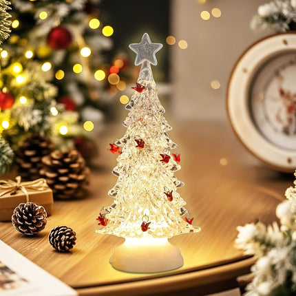 Acrylic Christmas Cardinal Birds Tree Table Decor - Christmas Tree with LED Lighting Ornament Timer, Warm Holiday Party Mantel Decorations s for Family&Cardinal Lovers (White) 12"