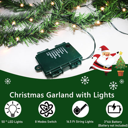 17.7FT Lighted Garland Christmas Decoration, Pre-lit Artificial Indoor Outdoor Christmas Garland for Stairs Railing, Green Holiday Decor for Home Garden.