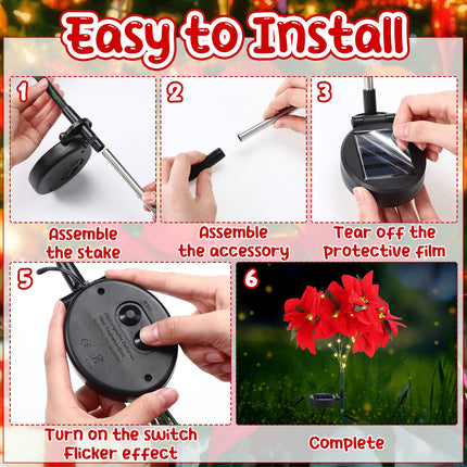 VIHOSE 2 Pcs Christmas Solar Flowers Lights Artificial Poinsettia Flower Landscape Light Waterproof Solar Poinsettia Lights for Outdoor House Yard Lawn Patio Garden Pathway Christmas Party Supplies