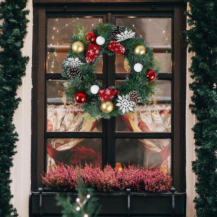 Christmas Wreath 22 Inches Door Wreath, Green,Snowflakes,Decorated with Ball Ornaments,Decorated with Pine Cones