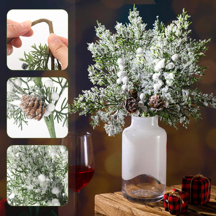 Lyrow 24 Pcs Christmas Artificial Juniper Cedar Branches Picks Spray with Berry Faux Greenery Spray Branches Cedar Twig Stems for Holiday Winter Ornament Crafts Wreath Garland (White Berry with Snow)