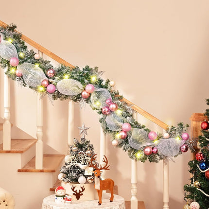 Christmas Garland Decorations, 5.9 FT Christmas Garland for Mantle, Snow Flocked Garland with Ribbons White Pink Christmas Balls, Frosted Garland Pine Garland for Indoor Outdoor Table Home Decor