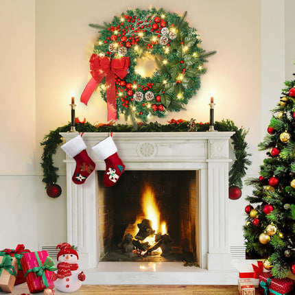 Prelit Christmas Wreath with 50 LED Lights, Large 24In Christmas Wreath for Front Door Wreaths with Berries, Pine Cones, Big Bowtie Pine Branch for Door Fireplace Window Mantle Christmas Decoration