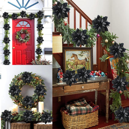 15 Pcs Christmas Flowers Artificial Poinsettia Flower Decorations with Clips and Stems, Glitter Christmas Poinsettia Decorations, Christmas Tree Ornaments for Party Wreath DIY（Black）