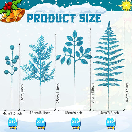 40 Pcs Christmas Glitter Artificial Picks Set Christmas Leaf Sprays Cedar Picks Glitter Berries Stems Tropical Leaf Pine Needles Christmas Stems Branches for Christmas Tree Vase Home(Blue)