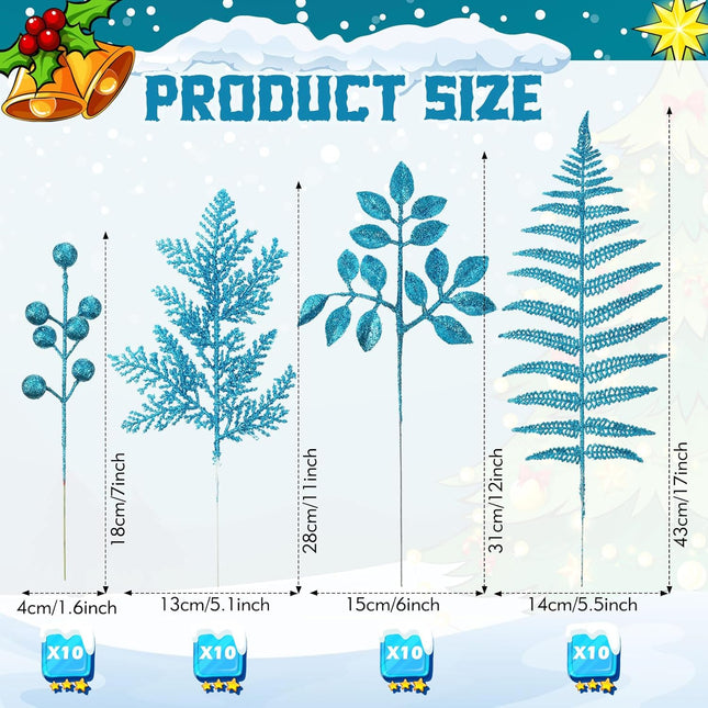 40 Pcs Christmas Glitter Artificial Picks Set Christmas Leaf Sprays Cedar Picks Glitter Berries Stems Tropical Leaf Pine Needles Christmas Stems Branches for Christmas Tree Vase Home(Blue)