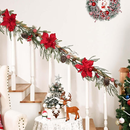 Christmas Garland Decorations, 5.9 FT Real Touch Pine Garland with Red Poinsettias, Flocked Christmas Garland with Red Berries Balls Pinecones for Mantle Front Door Fireplace Table Decor