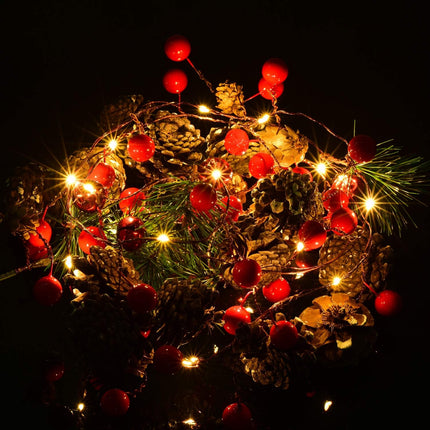 Artiflr 6.7FT Christmas Garland with Lights, 20 LED Red Berry Pine Cone Garland Lights Battery Operated, led Garland String Lights, Christmas Decorations for Home, Garland for Fireplace