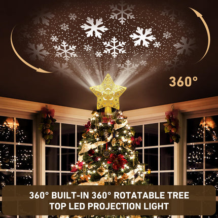 Christmas Tree Topper Lighted with 5 Projection Modes, Christmas Star Tree Topper Built-in LED Rotating Lights, Gold 3D Glitter Dynamic Projection for Christmas Tree Decorations
