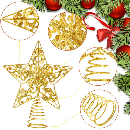 Blulu Glittered Christmas Tree Topper 10 Inch Metal Star Treetop Xmas Hollow-Out Star Topper for Christmas Tree Decoration (Gold)