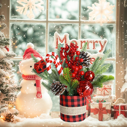 Small Tabletop Christmas Tree Artificial Mini Christmas Tree Decorations with Pine Cones Red Berries Desk Christmas Trees Buffalo Plaid Christmas Table Centerpieces for Xmas Office Home Decor