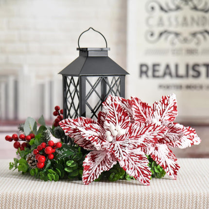 Large Christmas Poinsettias 6 Pcs Snow Decorated Christmas Tree Flowers Artificial Flower Picks Ornaments for Christmas Tree Wreath Decoration (Red/White)