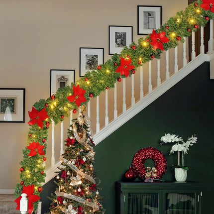 9ft Pre-lit Christmas Garland with Lights,Christmas Garlands for Stairs Railing,Pine Garland with Red Bows and Flowers,Christmas Decoration,Fireplace