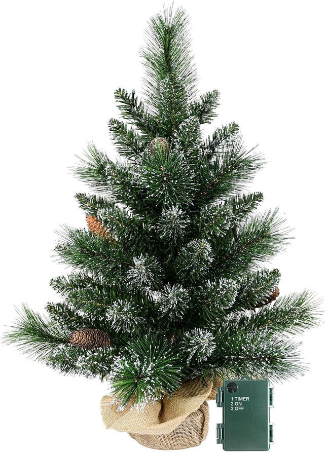 Pre-lit Artificial Mini Christmas Tree, 2ft Snow Tipped Pine Artificial Christmas Tree, Includes 30 Led Warm Lights, Seasonal Indoor Home Decor with Decorative Burlap Base
