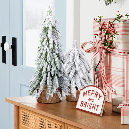 Iceyyyy 3 Pcs Snow Tabletop Christmas Trees,2 Size Snow Flocked Mini Tabletop Pine Trees with Wooden Base,Artificial Desk Christmas Trees for Xmas Holiday Home Party Table Decorations