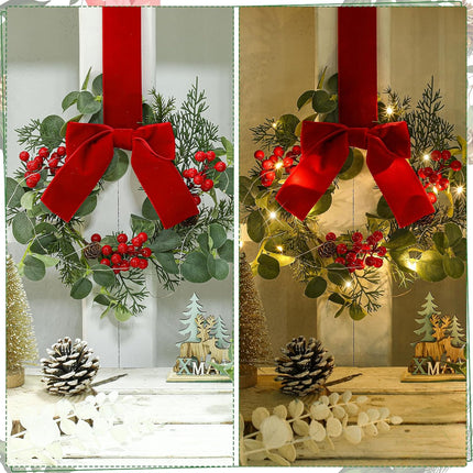 Syhood 2 Pcs 9" Mini Christmas Wreath with Light Red Berry Kitchen Cabinet Wreaths Mini Farmhouse Wreath with Red Velvet Bow for Christmas Porch Wall Window Decor