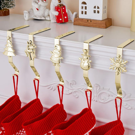 Stocking Holders for Mantle, Set of 5 Christmas Stocking Holders for Fireplace, Stocking Hangers for Mantel, Snowflake Reindeer Tree Santa Stocking Hanger Hooks for Christmas Mantel Decoration, Gold