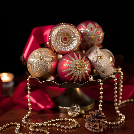 Valery Madelyn Glass Christmas Ornaments Set, 10ct Red and Gold Mercury Blown Glass Christmas Tree Ball Decorations, Luxury Xmas Hanging Teardrop Finial Faceted Reflector for Holiday Decor