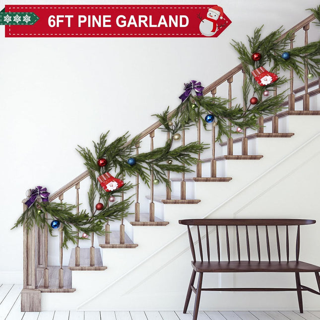 6FT Winter Pine Garland, Real Touch Pine Garland, Artificial Christmas Garland, Green Pine Garland, Artificial Greenery Garland for Table, Mantle, Wall, Indoor, Outdoor Christmas Decorations